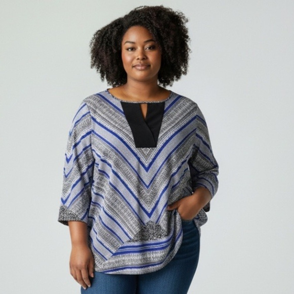 Cato Blue Chevron Geometric Tunic Women Size 22/24W V-Neck 3/4 Sleeve Blouse